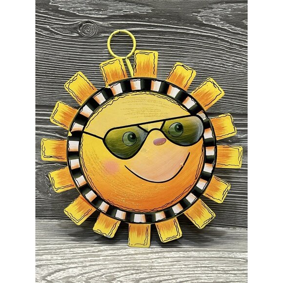 Summer Sun Round Top Collection Wall Hanging Sunshine Sunglasses 7.5” MetL Tin - Picture 1 of 8